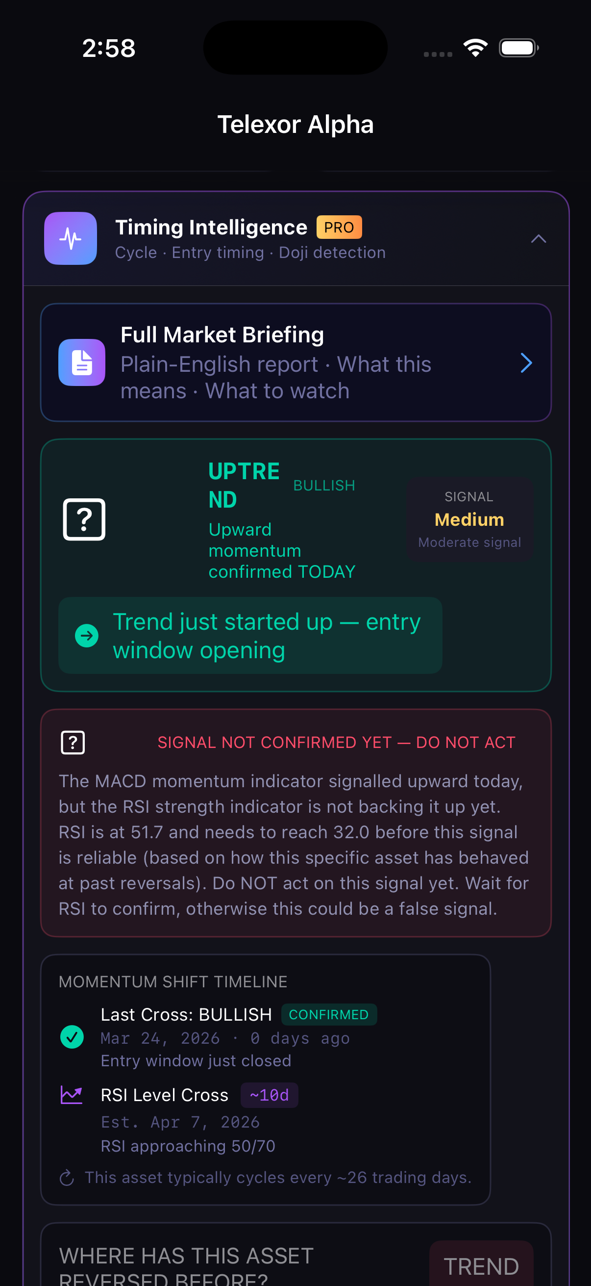 Telexor Alpha — cycle phase and signal card